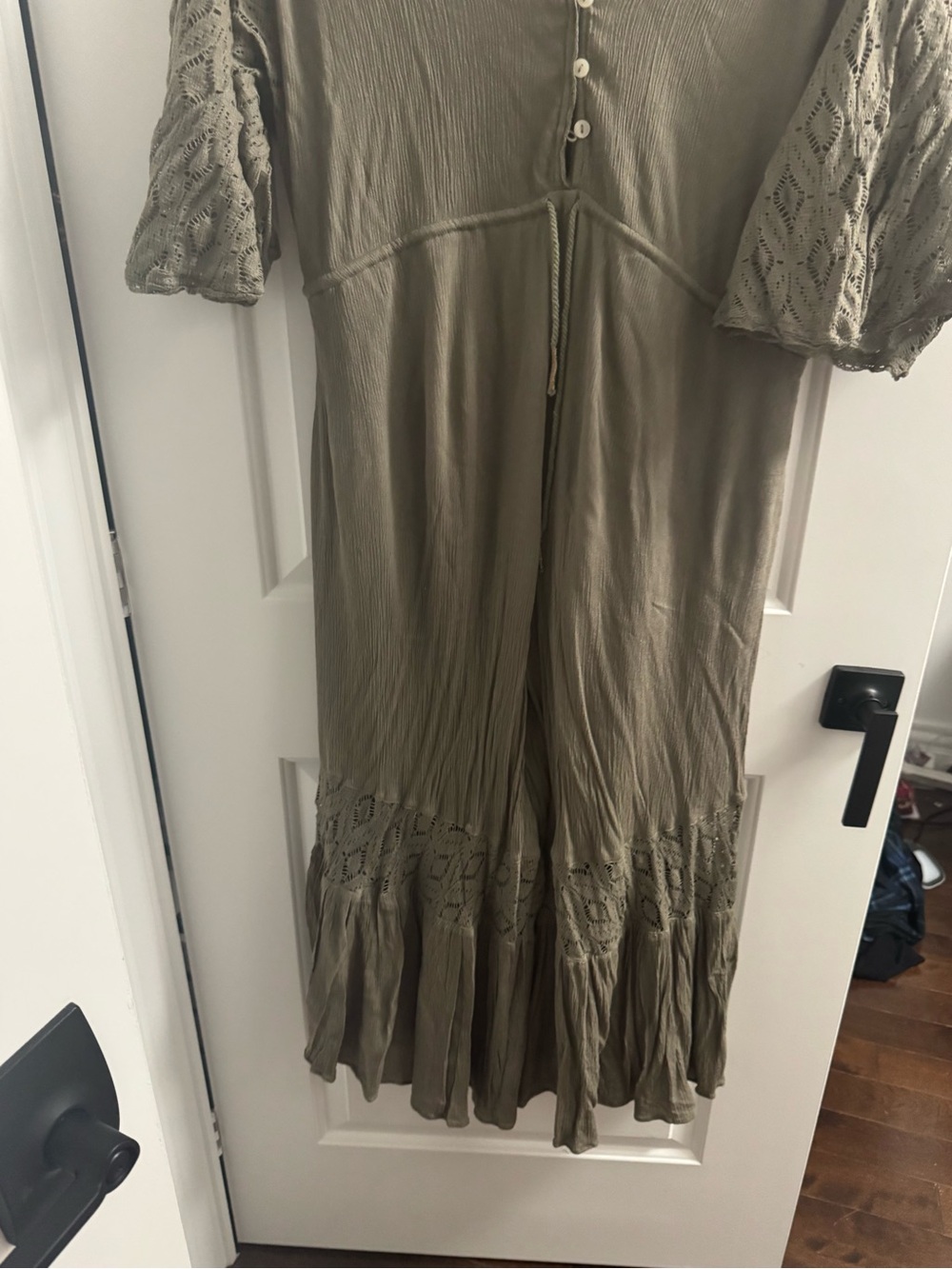 Free people Boho oversized wide leg lace bell sleeve Angela green jumpsuit M - Picture 3 of 6